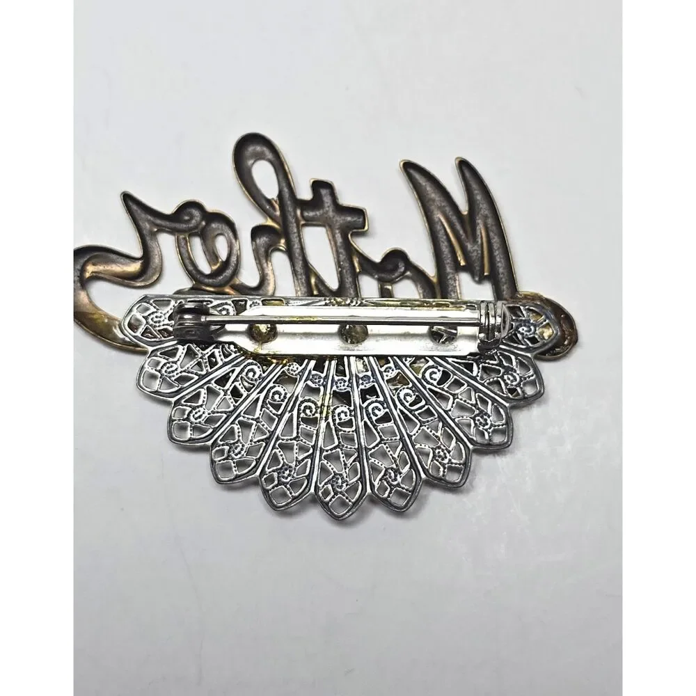 MOM Brooch Pin Filigree Metal Bronze Tone & Silver Tone Mother's Day Gift